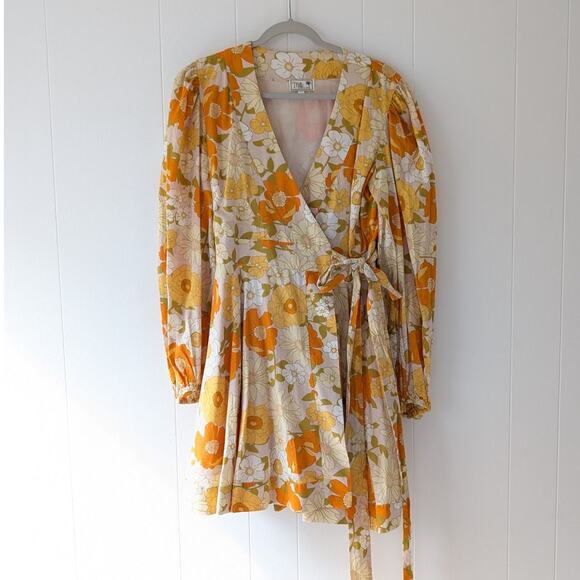 MILLE Nan Long Sleeve Cotton Wrap Mini V-neck Dress in Retro Floral, size XL - Picture 2 of 8